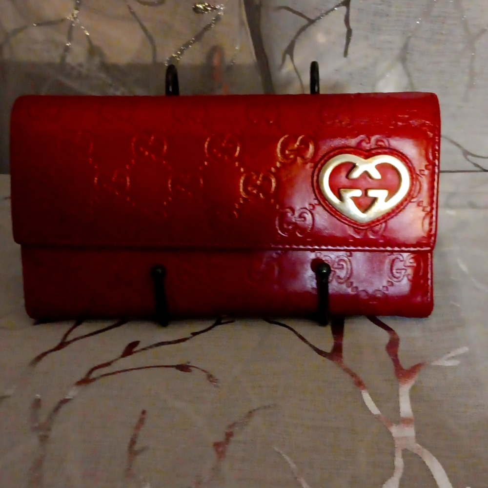 Gucci Red Wallet with Gold Heart Logo